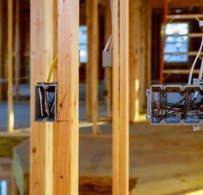 Electrical socket boxes with wires of wooden beams in a wall under construction unfinished frame